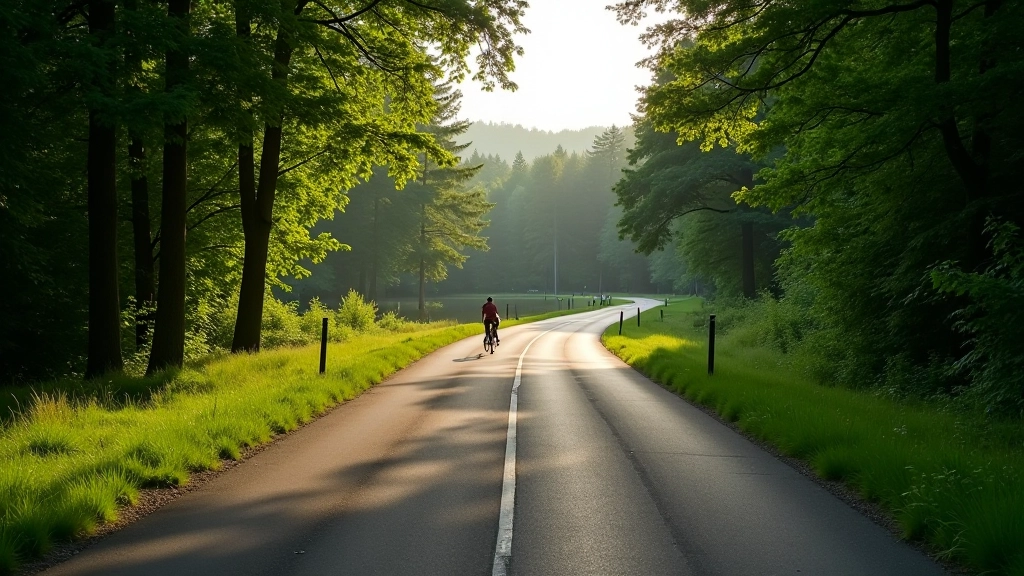 Platus asfalto dviračių takelis prie ežero su žaliais medžiais tolumoje, grįžtimo zonos vaizdas